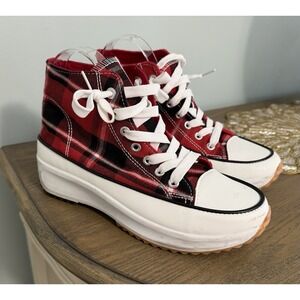Platform High-Top Sneakers in Red Plaid - Unbranded
